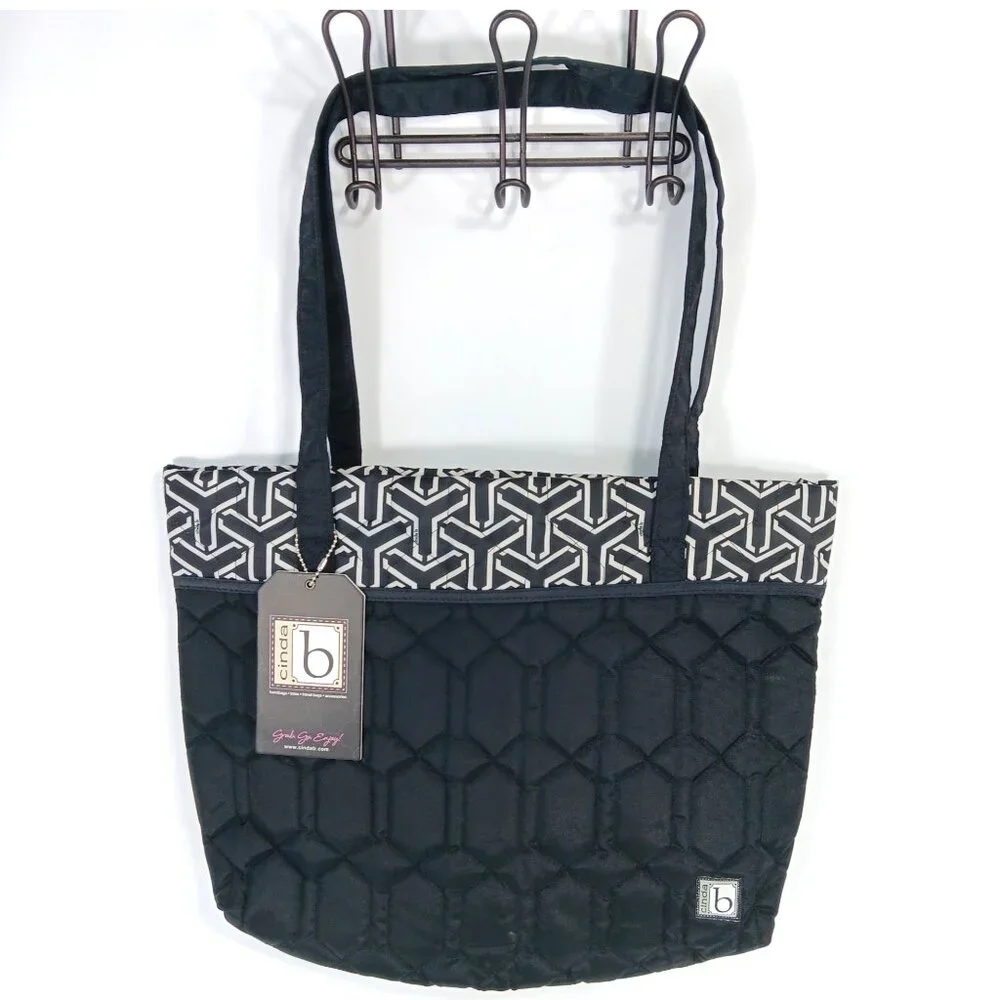 CINDA B- Jet Set Black-Tote-Purse-Shoulder Bag-Quilted Pattern-Black-White - Picture 2 of 10